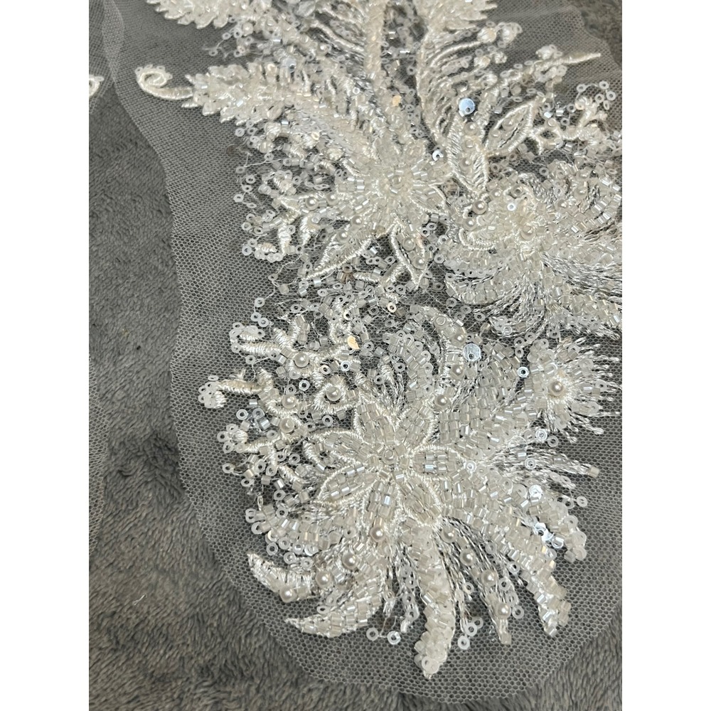 Pair Ivory Beaded Floral Lace Appliques Sequin Pearl Bridal Gown Trim 15" - Picture 2 of 5